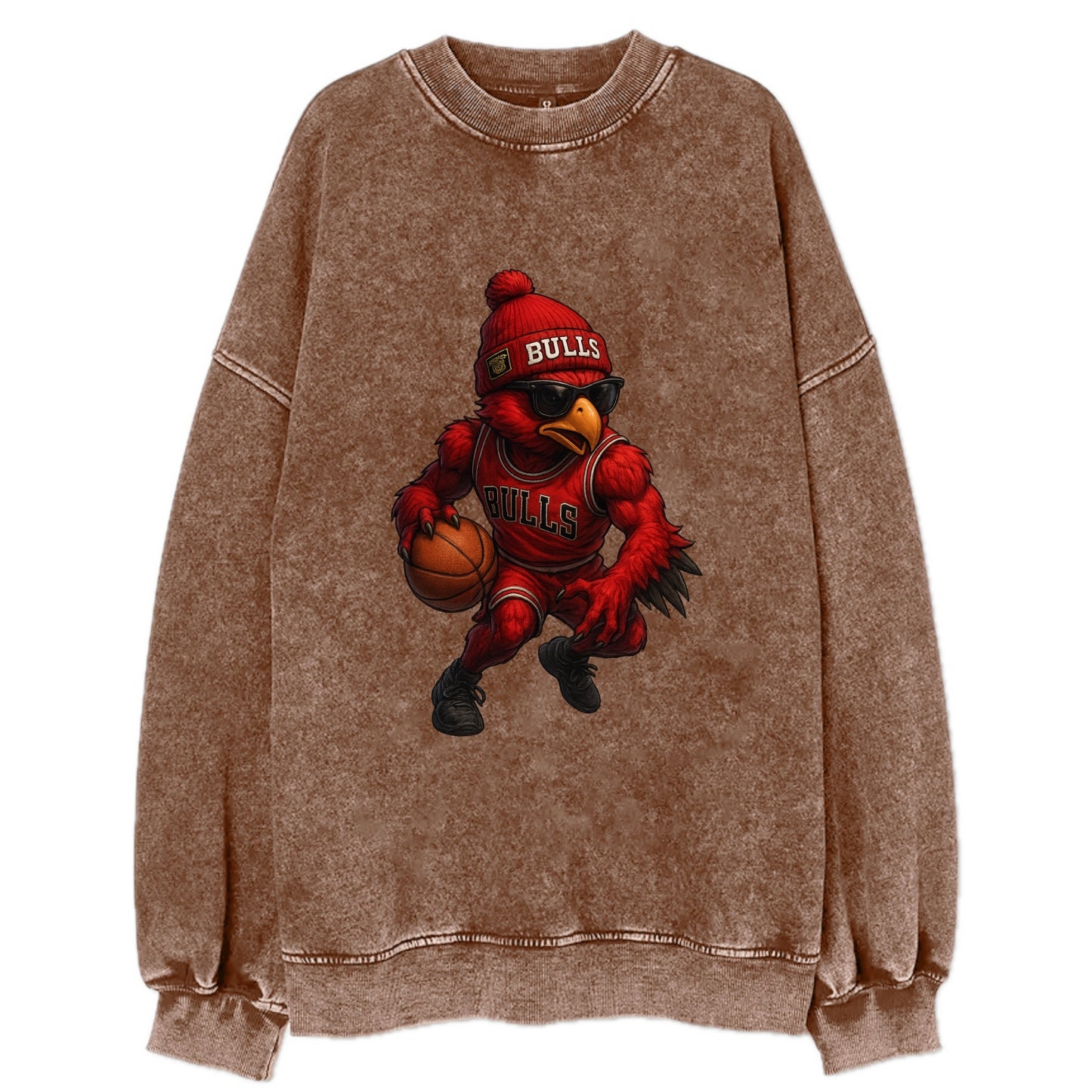 Windy City Hawk wearing Bulls beanie with six rings patch and wayfarer - Vintage Sweatshirt - Brown