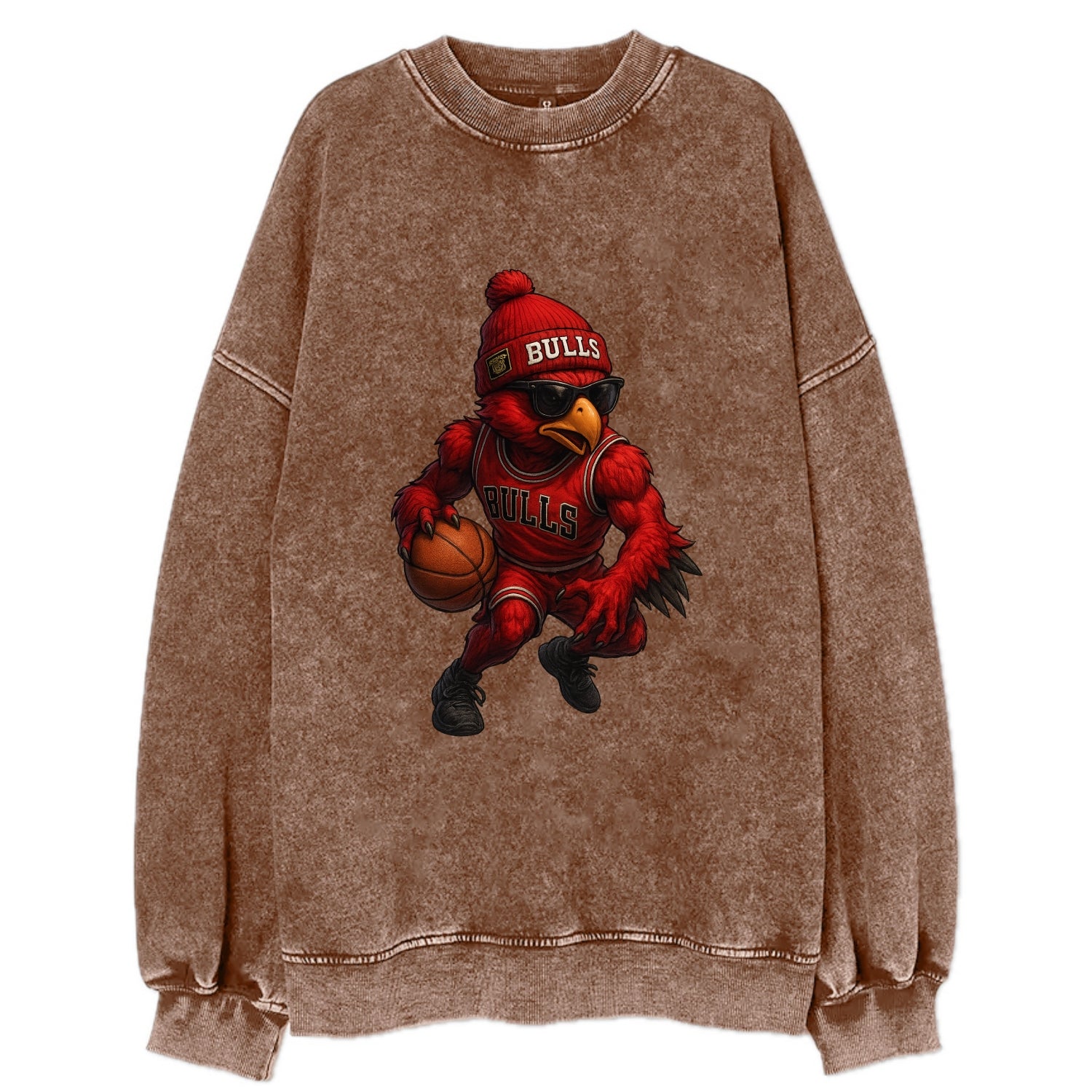 Windy City Hawk wearing Bulls beanie with six rings patch and wayfarer - Vintage Sweatshirt - Brown