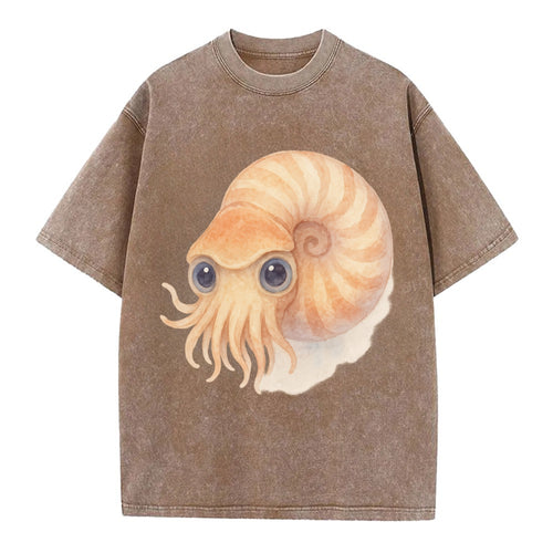 Baby Nautilus - spiral shell, tentacles peeking, ancient eyes, front-facing, - Vintage T-shirt