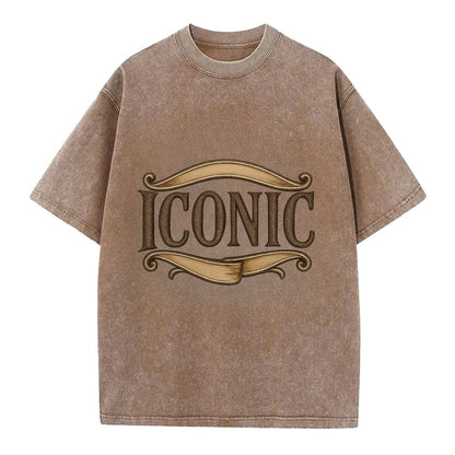 Bold typography design - "ICONIC" - instantly recognizable, trendsetter - Vintage T-shirt - Brown