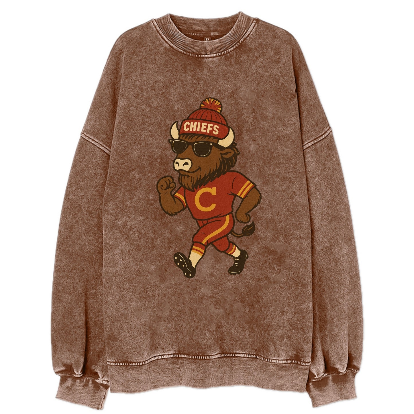 KC Bison wearing Chiefs beanie with arrowhead patch and wayfarer sunglasses - Vintage Sweatshirt - Brown