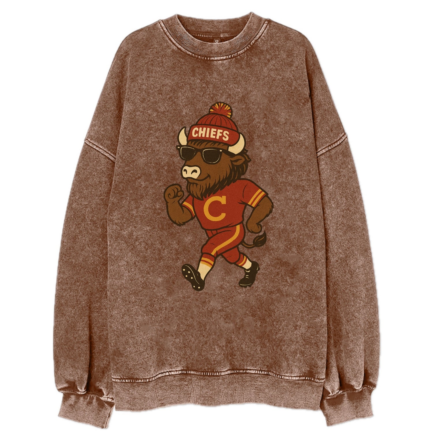 KC Bison wearing Chiefs beanie with arrowhead patch and wayfarer sunglasses - Vintage Sweatshirt - Brown