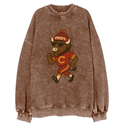 KC Bison wearing Chiefs beanie with arrowhead patch and wayfarer sunglasses - Vintage Sweatshirt - Brown
