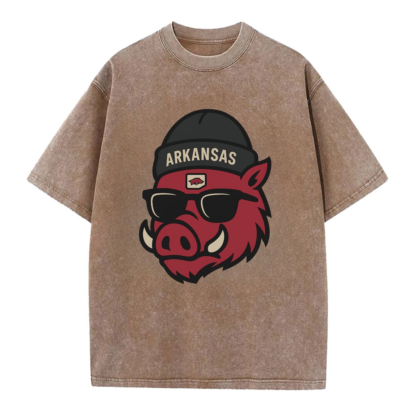 Fayetteville Razorback wearing Arkansas beanie with hog patch - Vintage T-shirt - Brown