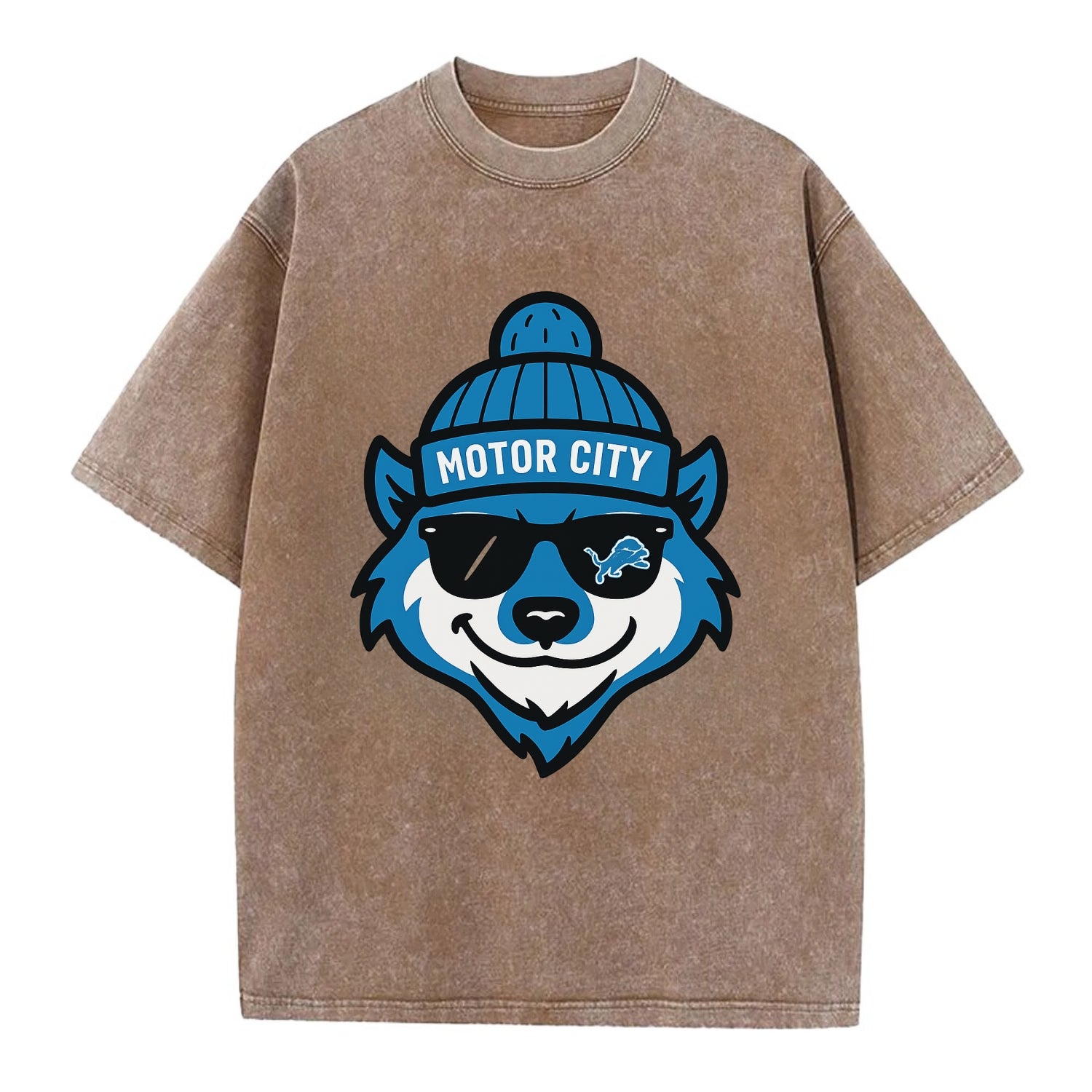 Motor City Wolverine wearing Lions beanie with gear patch and wayfarer sunglasses - Vintage T-shirt - Brown