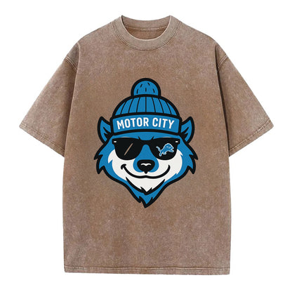 Motor City Wolverine wearing Lions beanie with gear patch and wayfarer sunglasses - Vintage T-shirt - Brown
