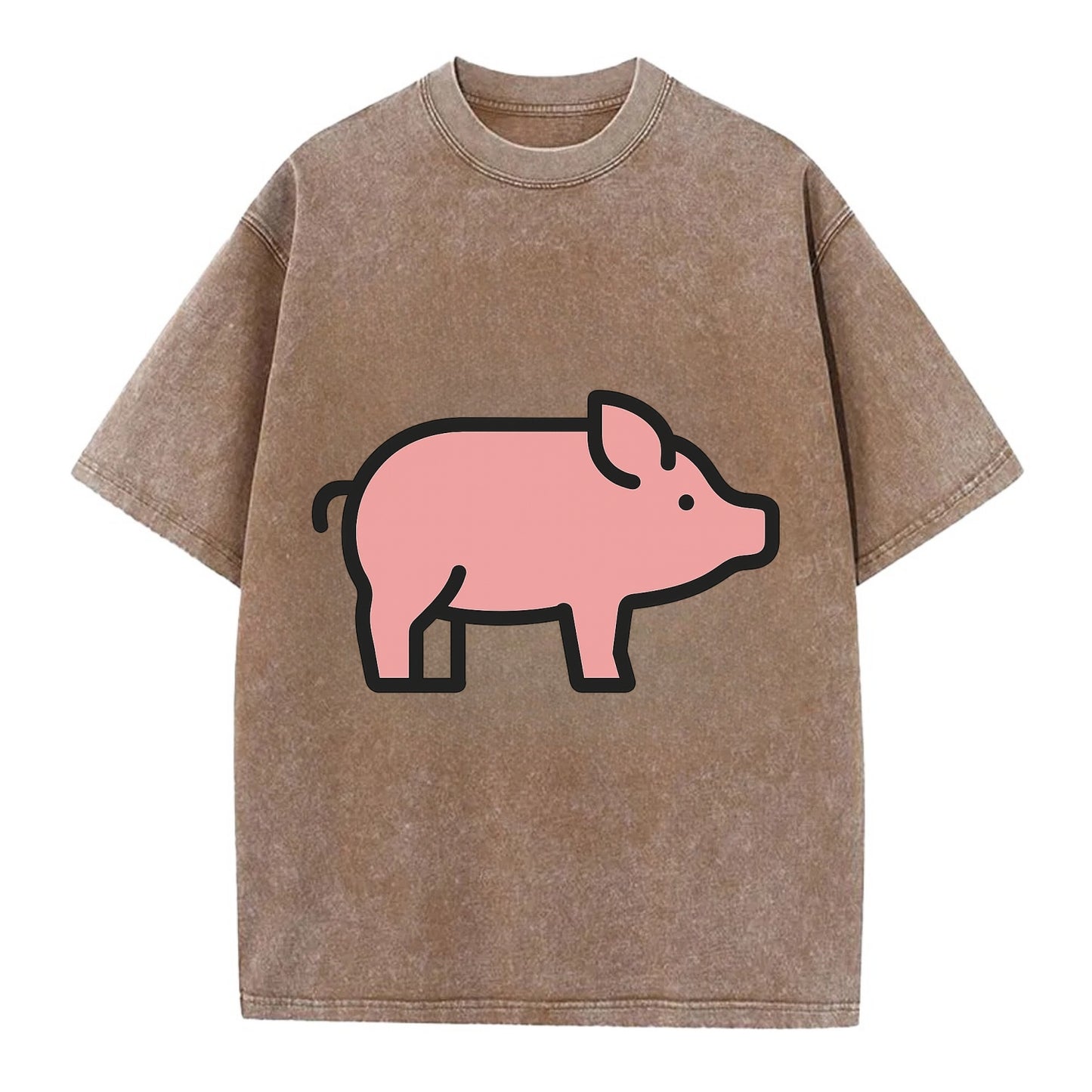 Pig - Pink farm pig flat side profile - Vintage T-shirt - Brown