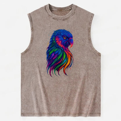Vibrant parrot with feathers flowing into tropical rainbow streams, every - Vintage Washed Tank - Brown
