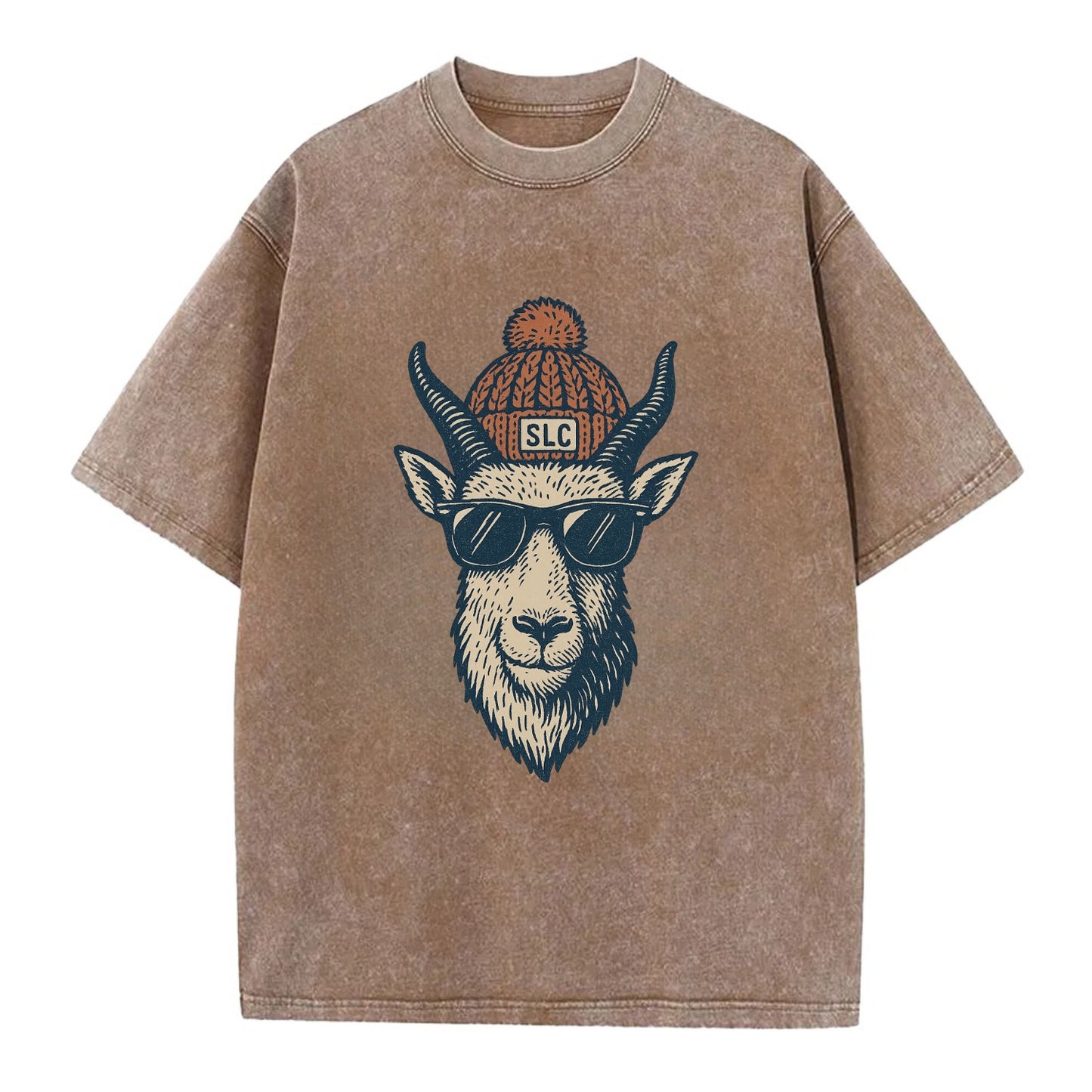 Salt Lake City Mountain Goat wearing SLC beanie with pom pom and wayfarer - Vintage T-shirt - Brown