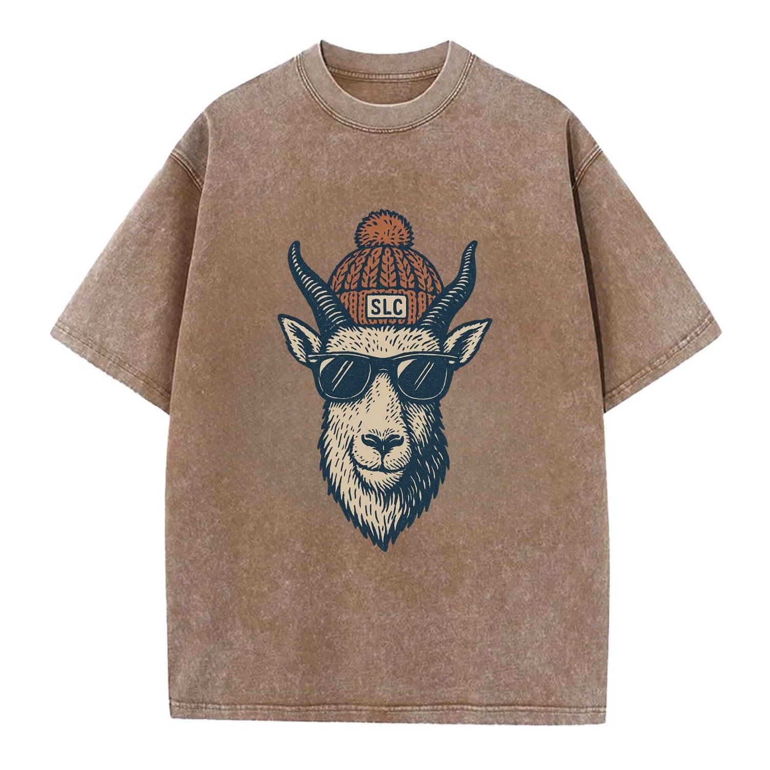 Salt Lake City Mountain Goat wearing SLC beanie with pom pom and wayfarer - Vintage T-shirt - Brown
