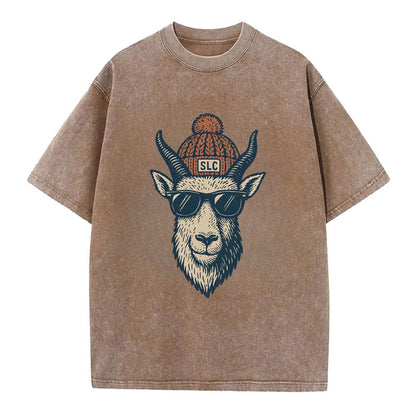 Salt Lake City Mountain Goat wearing SLC beanie with pom pom and wayfarer - Vintage T-shirt - Brown