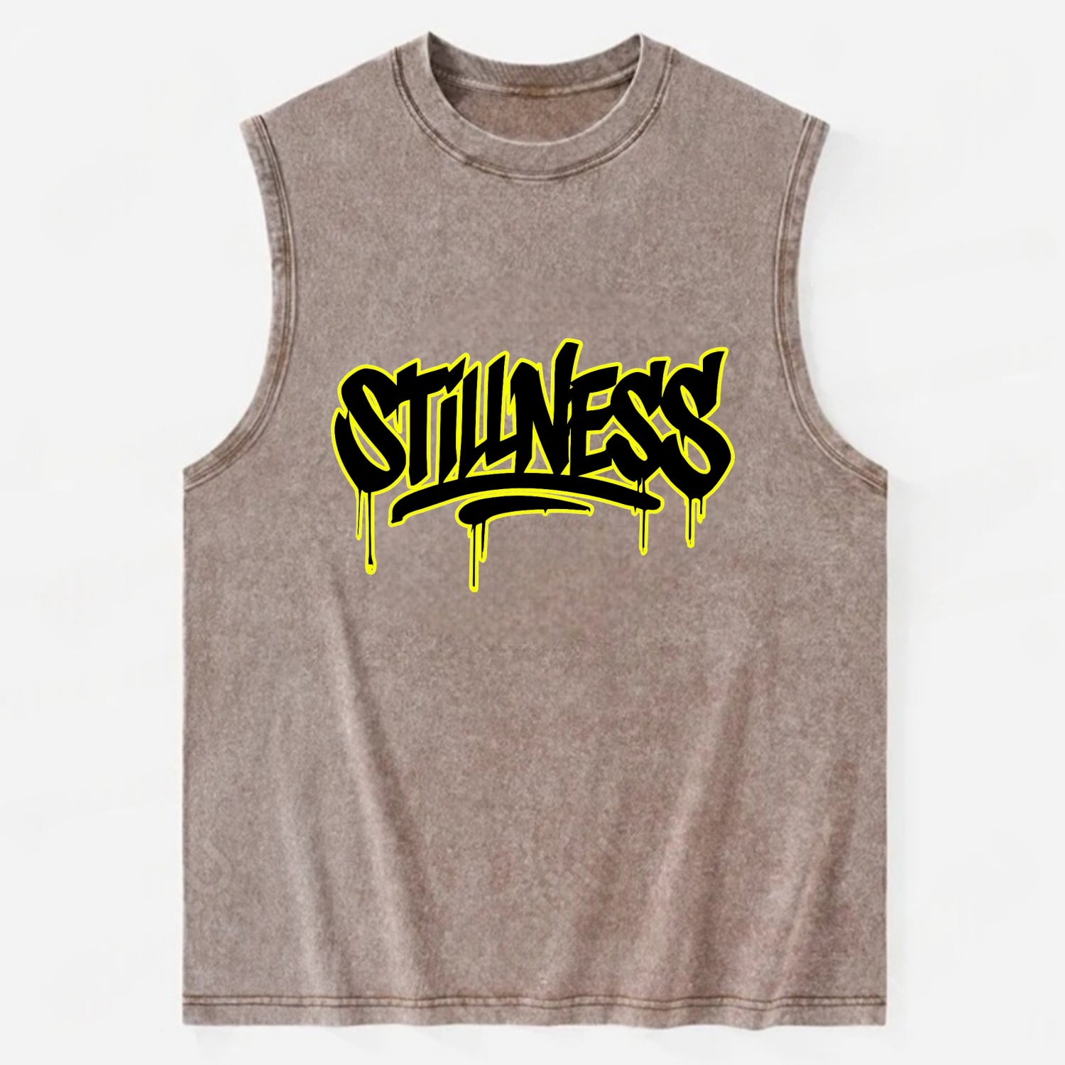 Bold typography design - "STILLNESS" - quiet power, peaceful presence - Vintage Washed Tank - Brown