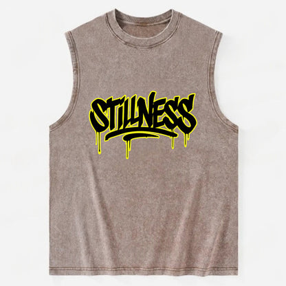 Bold typography design - "STILLNESS" - quiet power, peaceful presence - Vintage Washed Tank - Brown