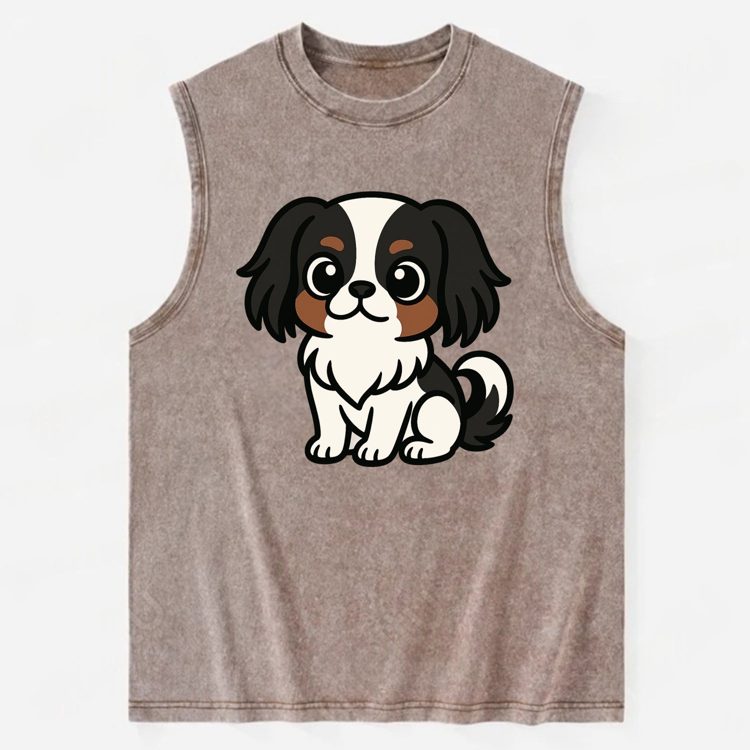 Japanese Chin - Black and white sitting pose - Vintage Washed Tank - Brown
