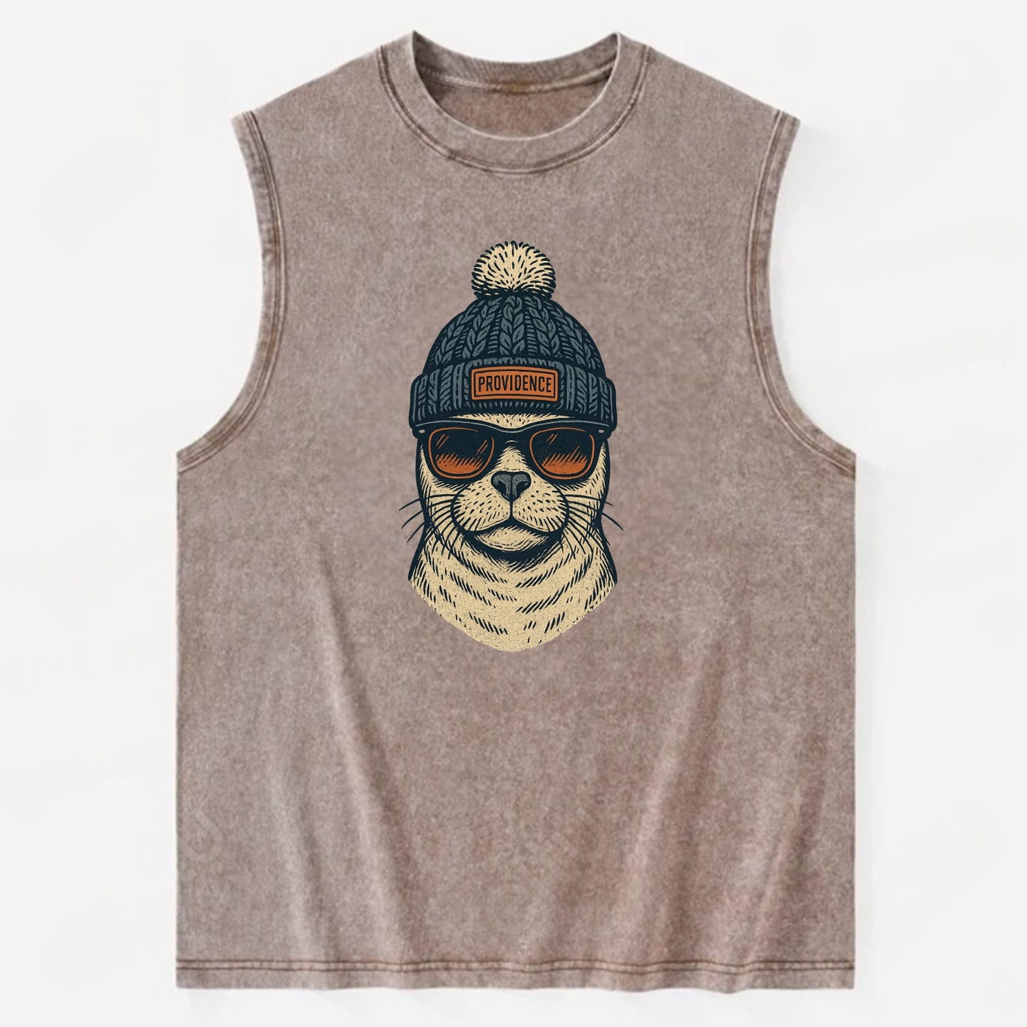 Rhode Island Harbor Seal wearing Providence beanie with pom pom and wayfarer - Vintage Washed Tank - Brown