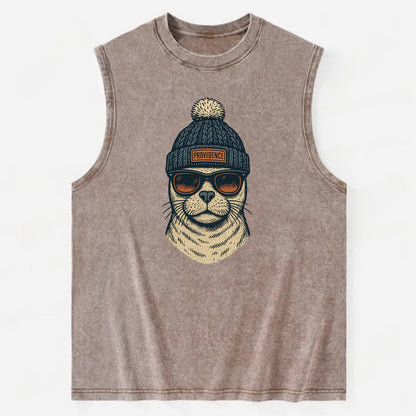 Rhode Island Harbor Seal wearing Providence beanie with pom pom and wayfarer - Vintage Washed Tank - Brown