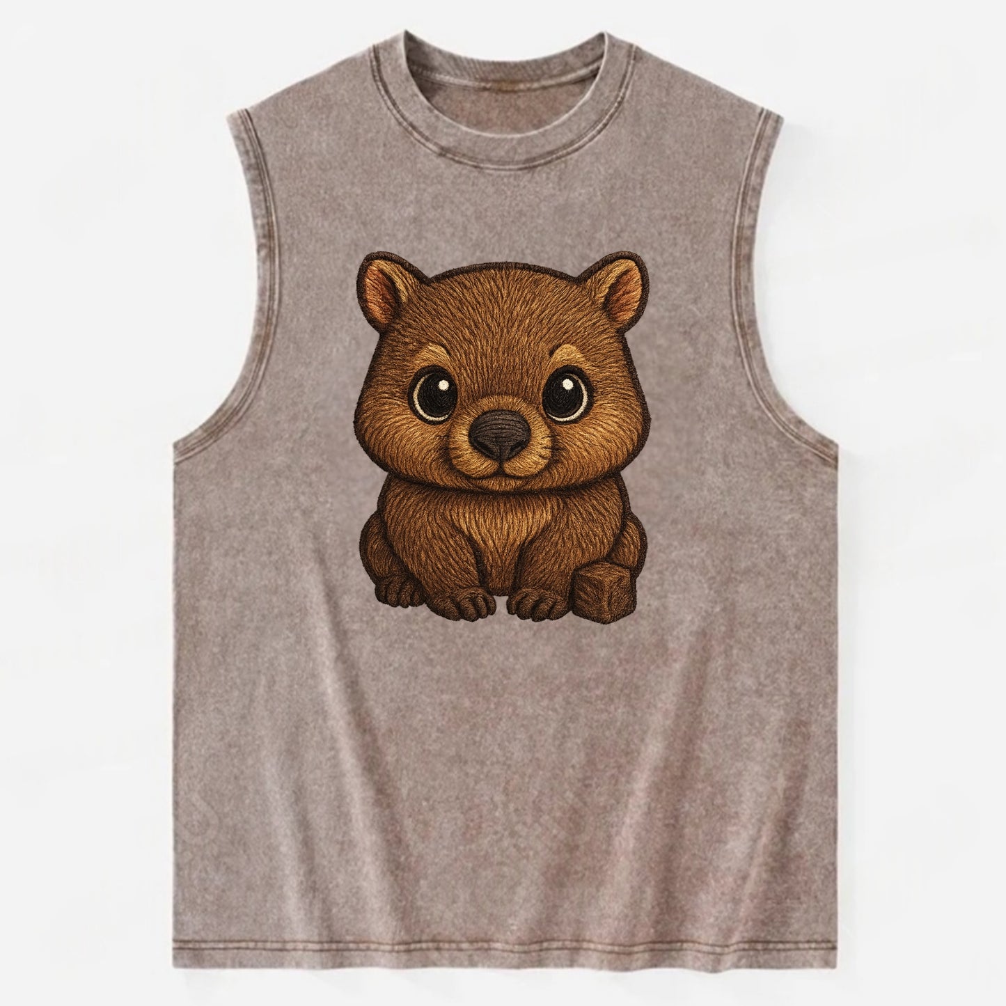 Baby Wombat - brown fur, square nose, small ears, dark eyes, front-facing, - Vintage Washed Tank - Brown
