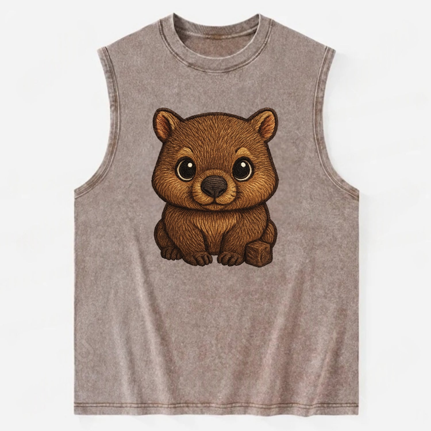 Baby Wombat - brown fur, square nose, small ears, dark eyes, front-facing, - Vintage Washed Tank - Brown