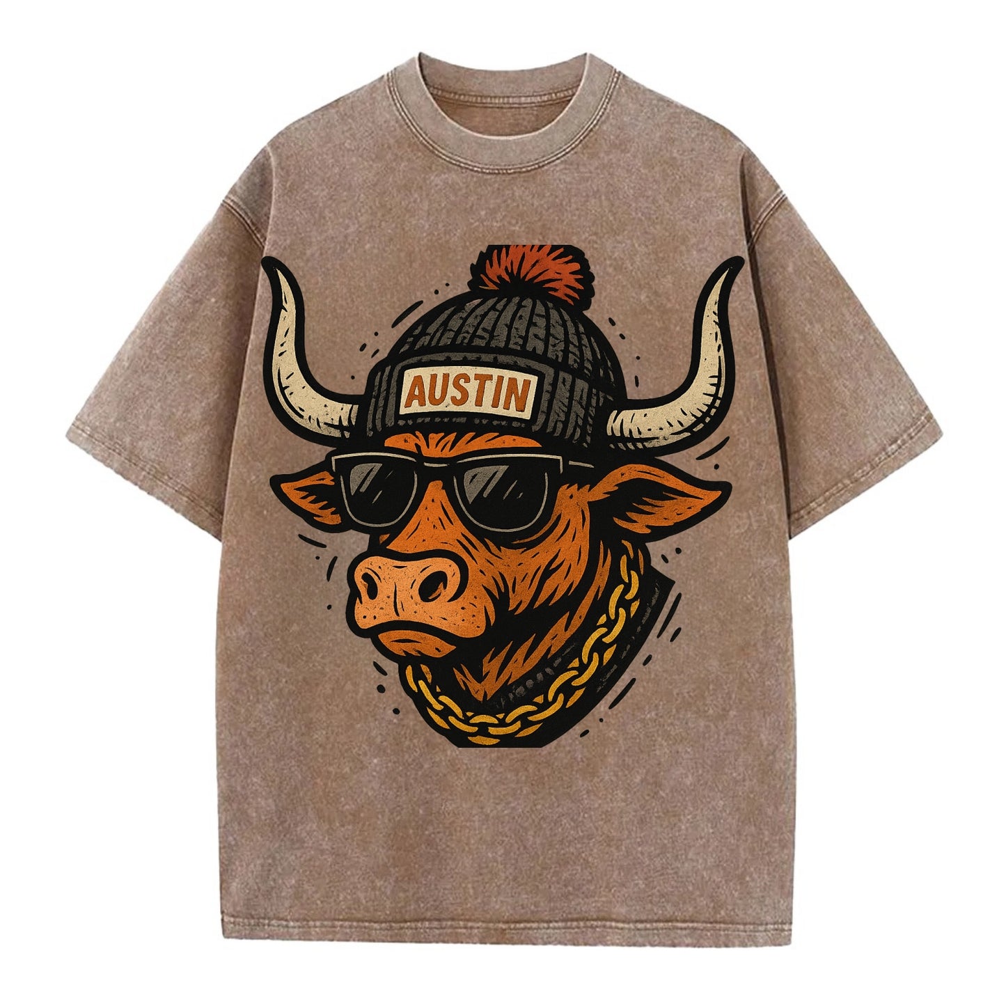 Texas Longhorn wearing Austin beanie with pom pom and wayfarer sunglasses - Vintage T-shirt - Brown