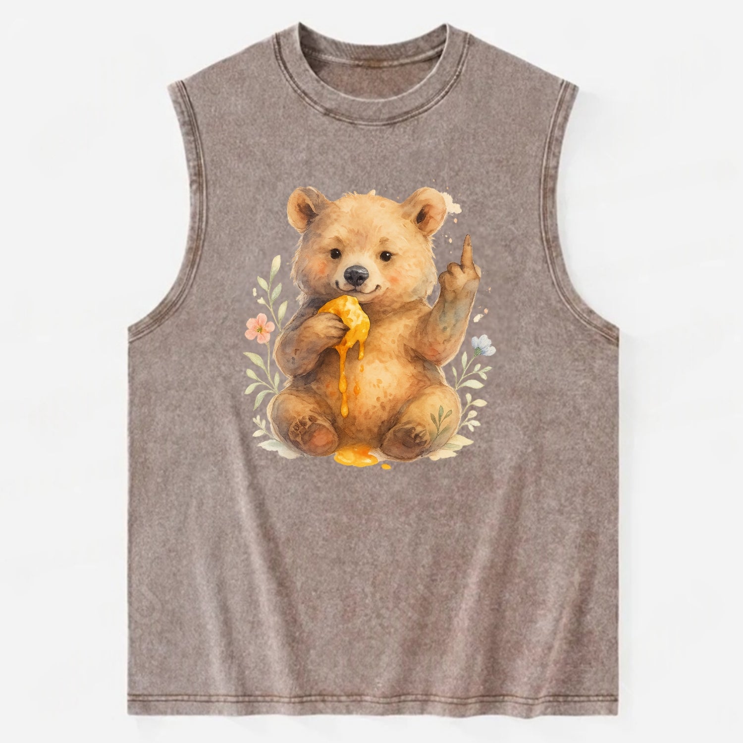 chubby bear cub eating dripping honey, sticky paw up with middle finger - Vintage Washed Tank - Brown