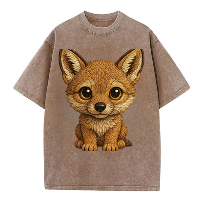Baby Coyote Pup - tan fur, large ears, golden eyes, front-facing, clever baby - Vintage T-shirt - Brown
