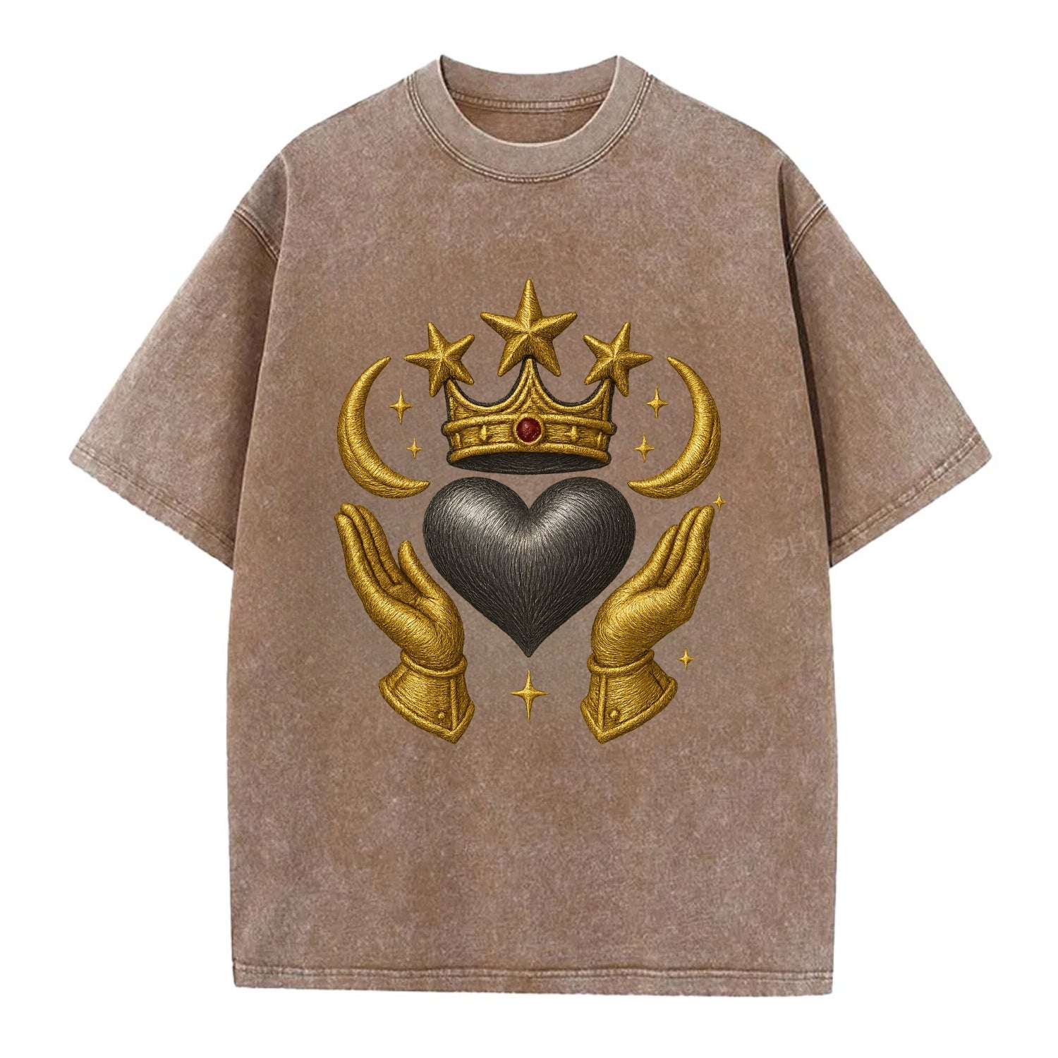 Sun goddess crown radiating golden rays over a midnight heart with henna-adorned - Vintage T-shirt - Brown