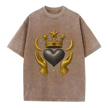 Sun goddess crown radiating golden rays over a midnight heart with henna-adorned - Vintage T-shirt - Brown