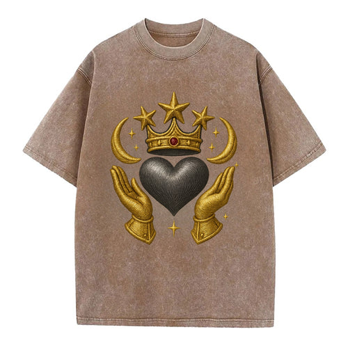 Sun goddess crown radiating golden rays over a midnight heart with henna-adorned - Vintage T-shirt