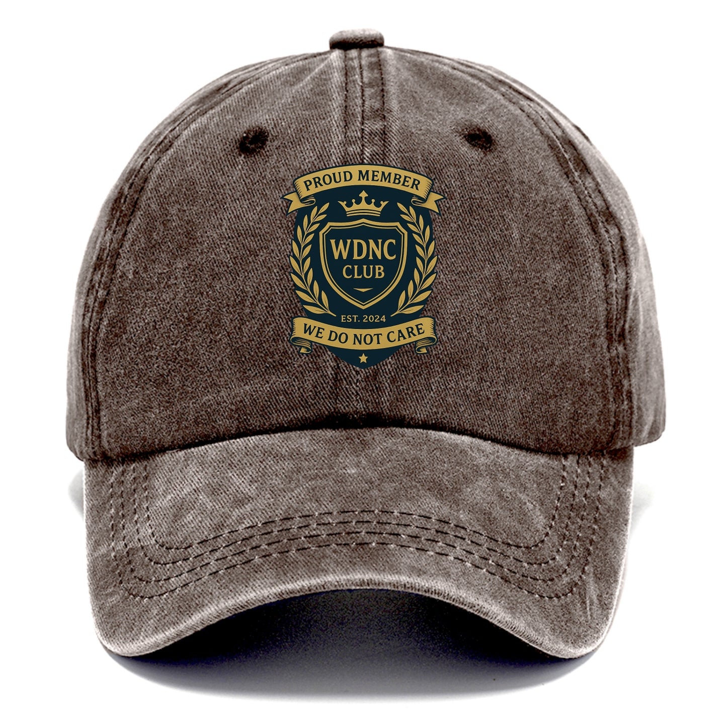Proud Member badge with laurel wreath - "WDNC CLUB - We Do Not Care" - apathy pride - Classic Cap - Brown