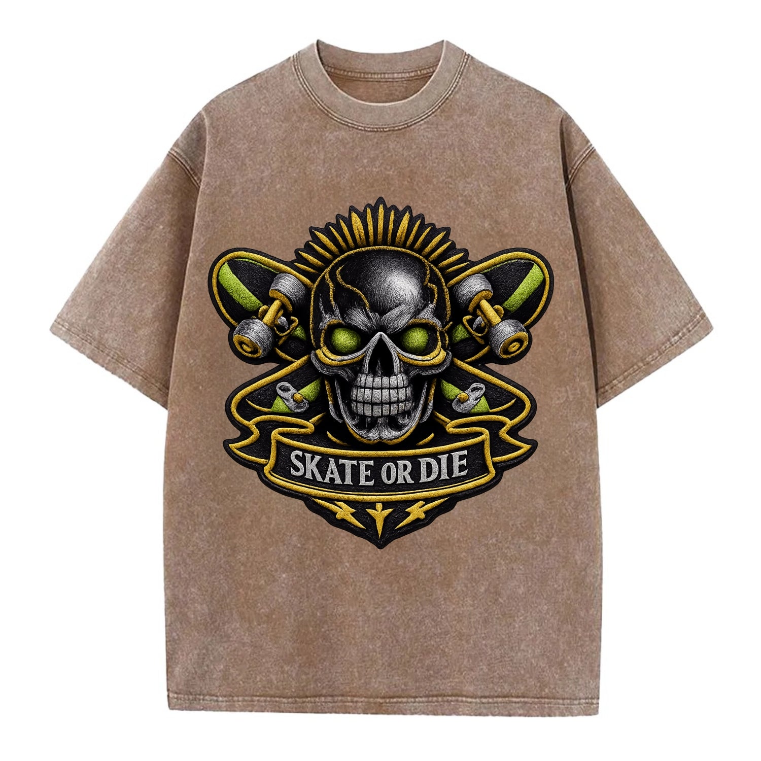 Embroidered patch design - SKATEBOARD SKULL - skull with skateboard in black and - Vintage T-shirt - Brown