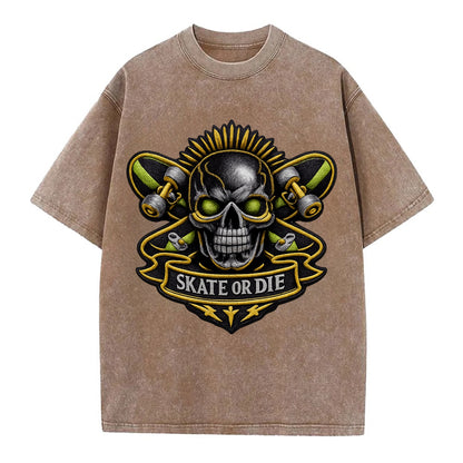 Embroidered patch design - SKATEBOARD SKULL - skull with skateboard in black and - Vintage T-shirt - Brown