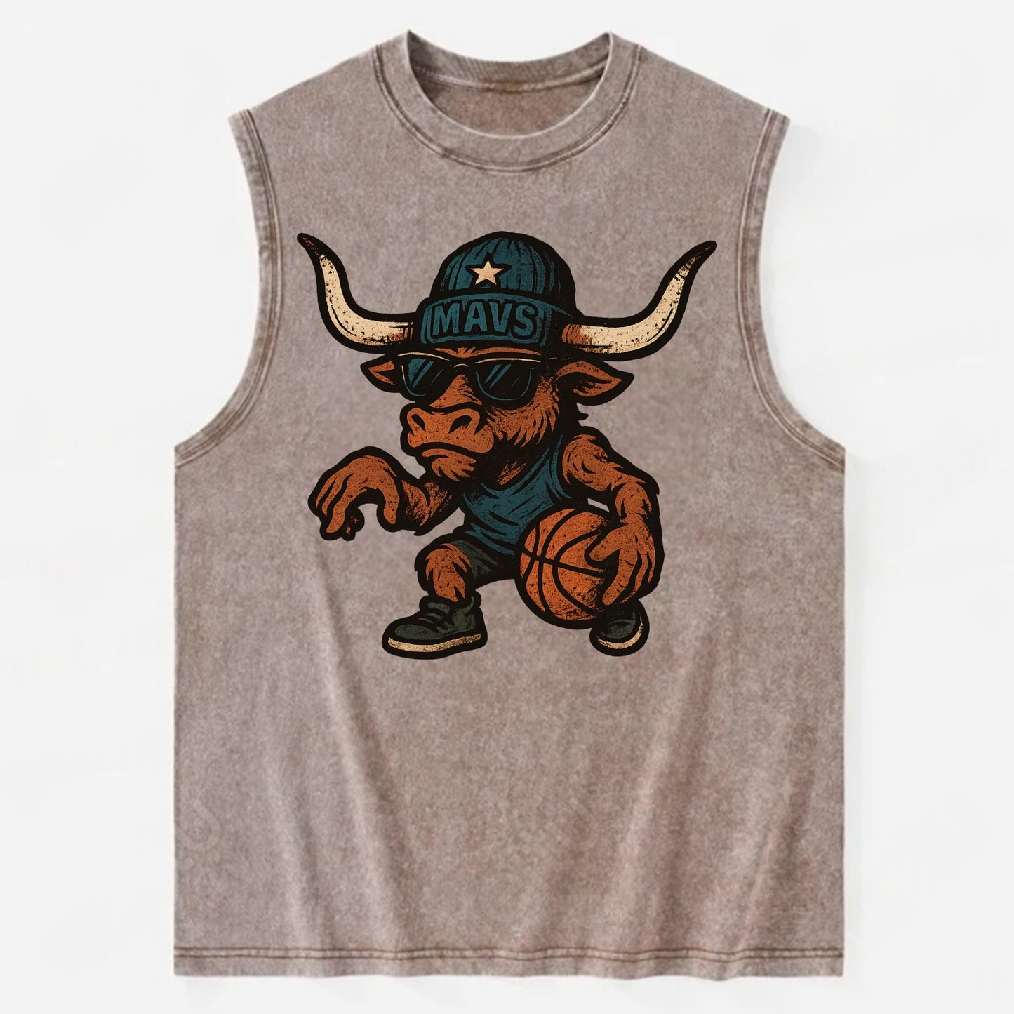 Texas Longhorn wearing Mavs beanie with lone star patch and wayfarer - Vintage Washed Tank - Brown