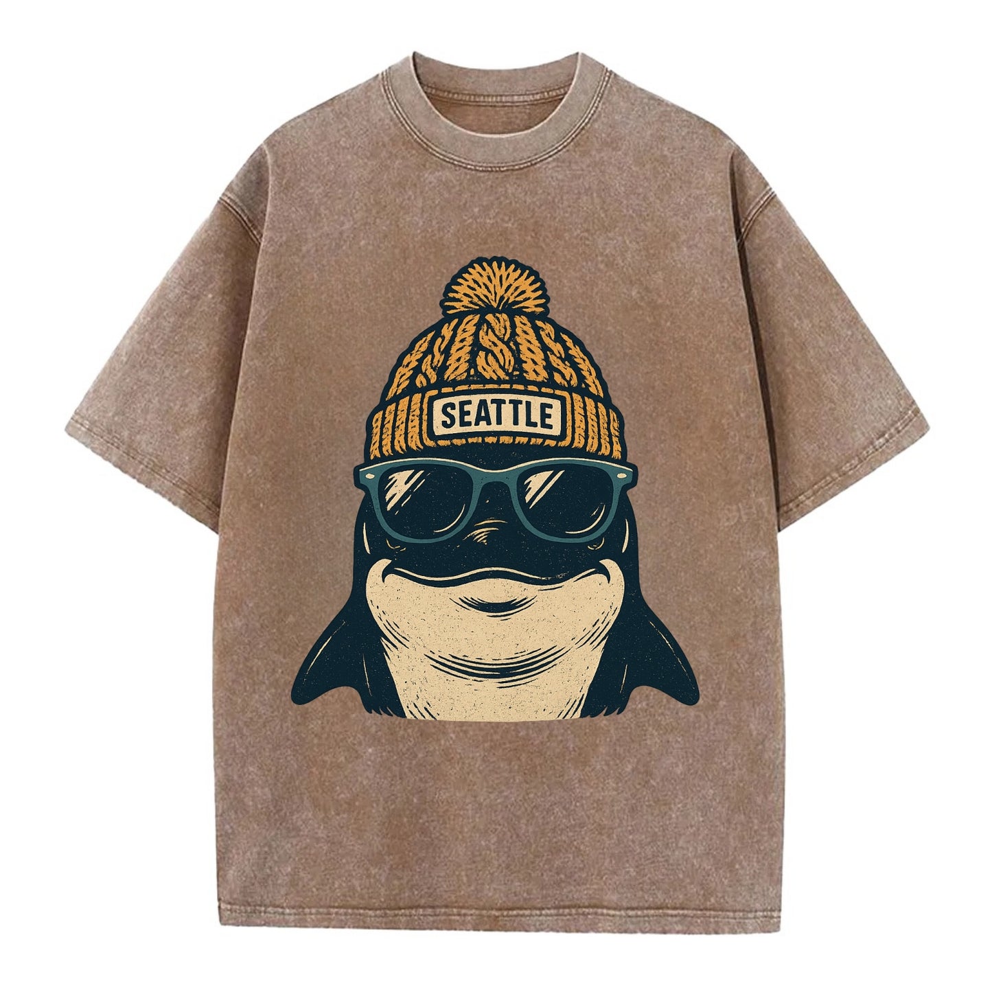 Seattle Orca wearing Seattle beanie with pom pom and wayfarer sunglasses - Vintage T-shirt - Brown