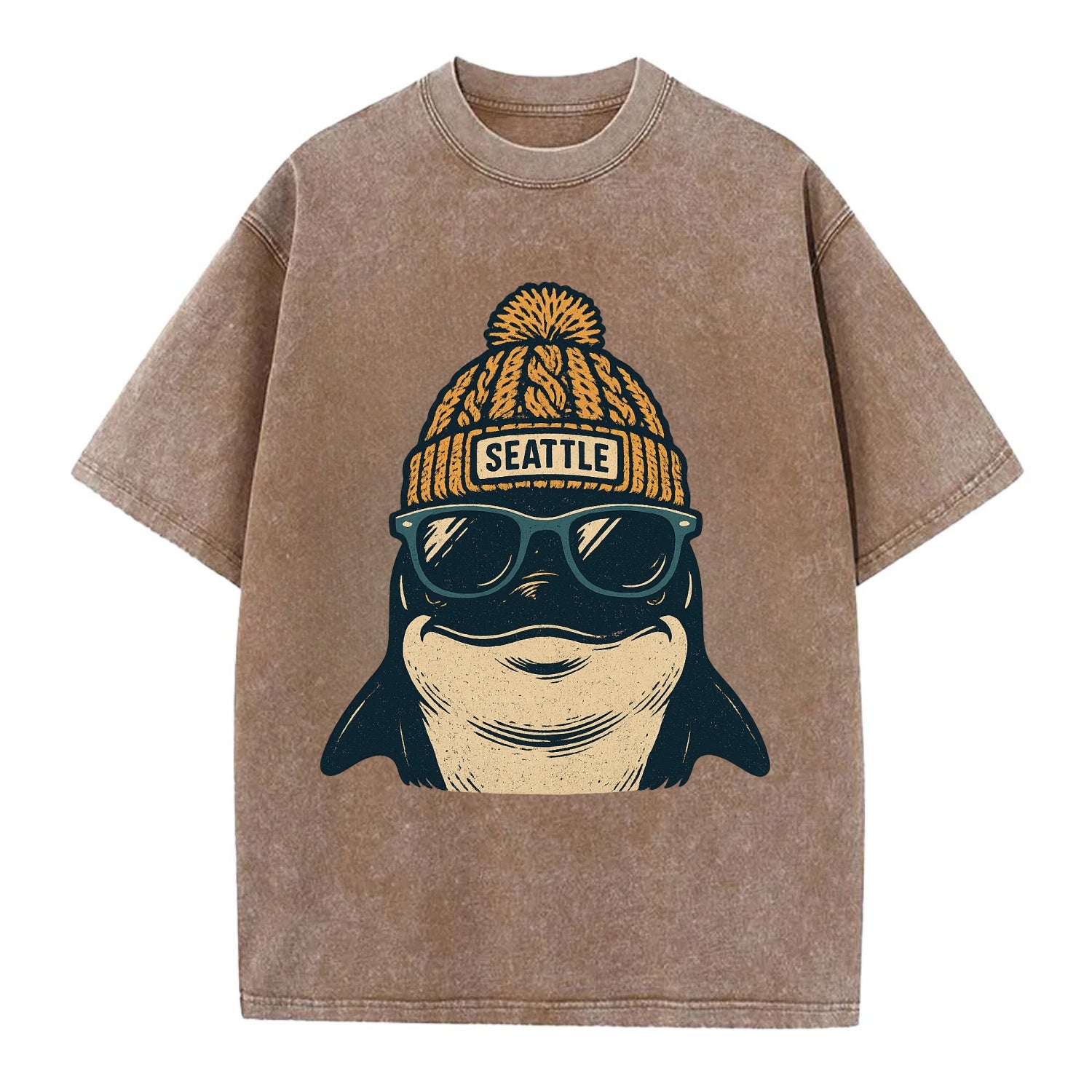 Seattle Orca wearing Seattle beanie with pom pom and wayfarer sunglasses - Vintage T-shirt - Brown