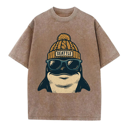 Seattle Orca wearing Seattle beanie with pom pom and wayfarer sunglasses - Vintage T-shirt - Brown