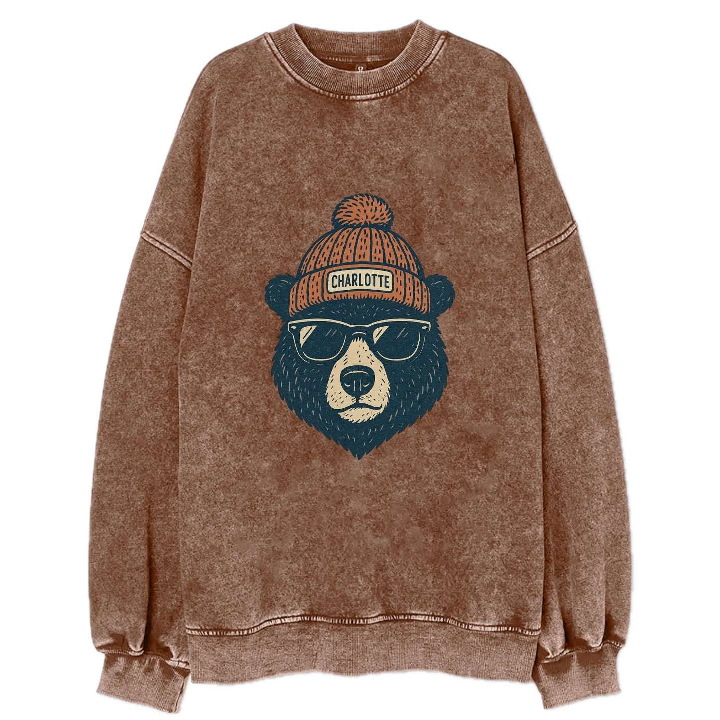 North Carolina Black Bear wearing Charlotte beanie with pom pom and wayfarer - Vintage Sweatshirt - Brown