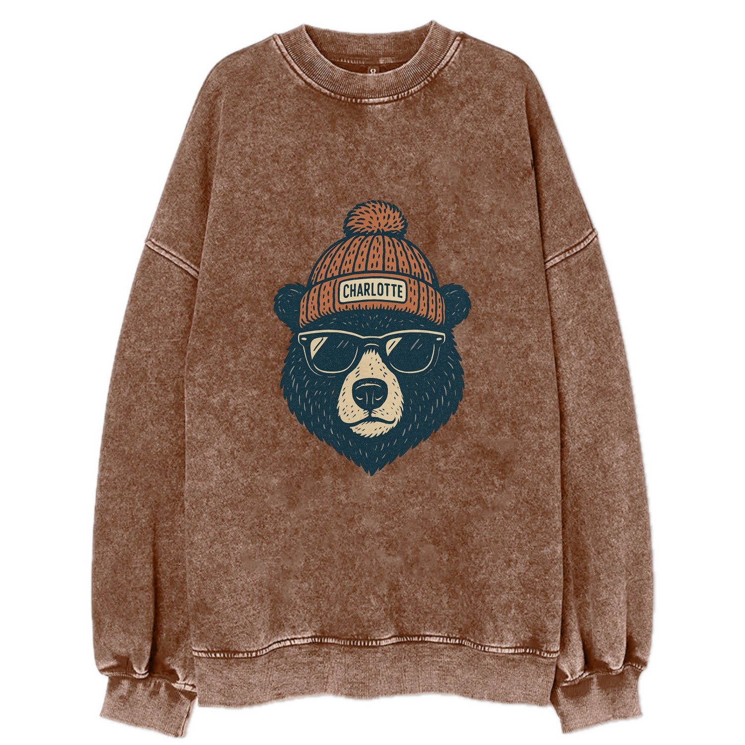 North Carolina Black Bear wearing Charlotte beanie with pom pom and wayfarer - Vintage Sweatshirt - Brown