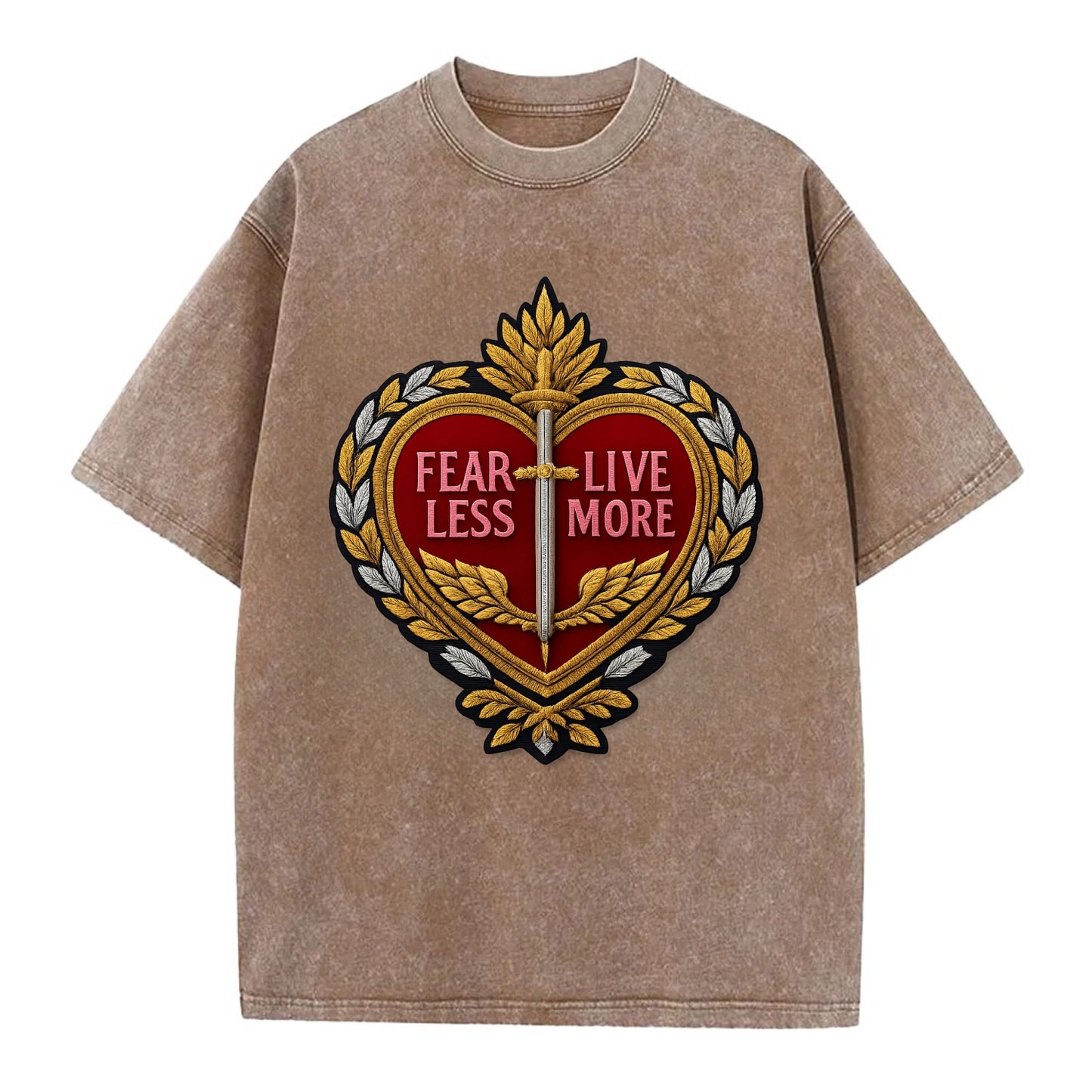 FEAR LESS LIVE MORE - heart with text in red , courage - Vintage T-shirt - Brown