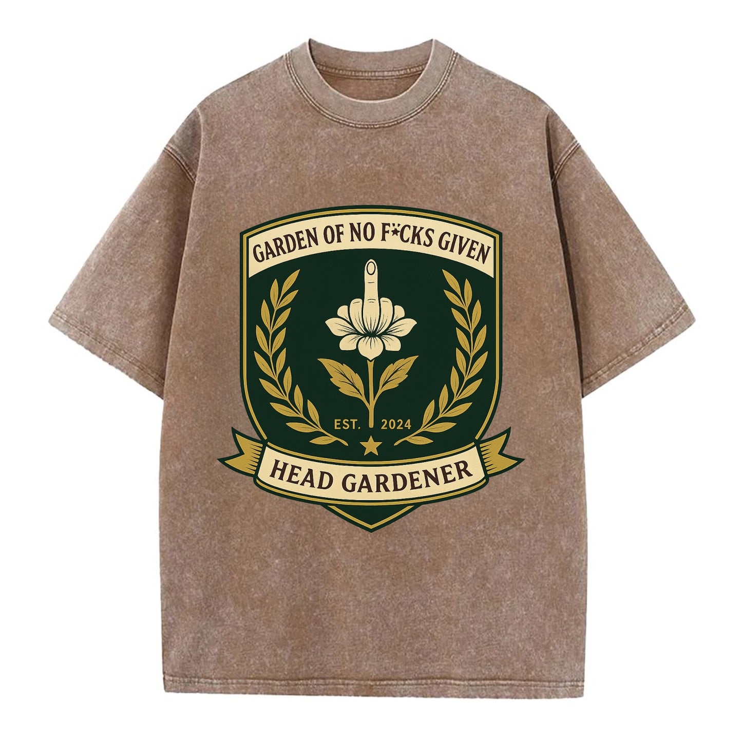 Shield with middle finger flower - "Garden of No F*cks Given - Head Gardener" - - Vintage T-shirt - Brown