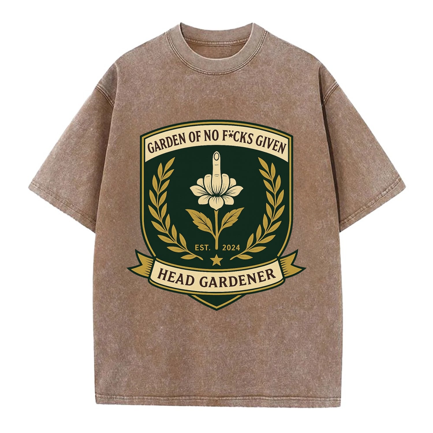 Shield with middle finger flower - "Garden of No F*cks Given - Head Gardener" - - Vintage T-shirt - Brown