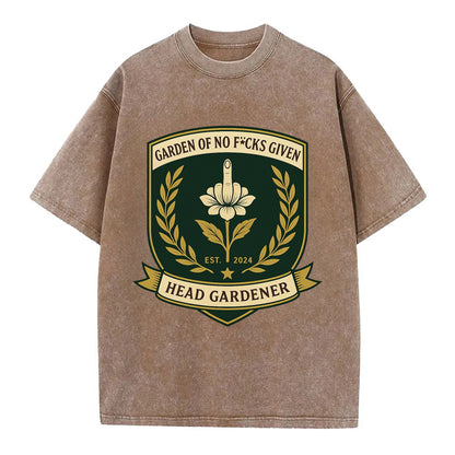 Shield with middle finger flower - "Garden of No F*cks Given - Head Gardener" - - Vintage T-shirt - Brown