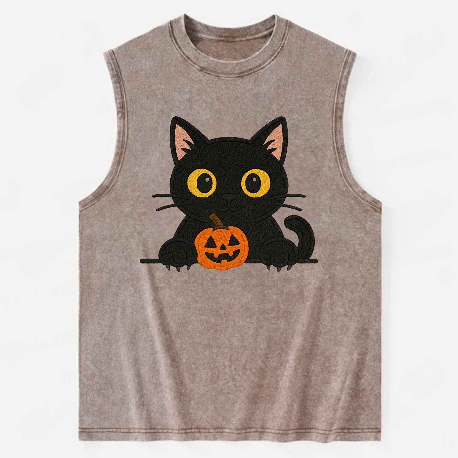 Midnight the black cat wearing round spectacles while studying the viewer. - Vintage Washed Tank - Brown