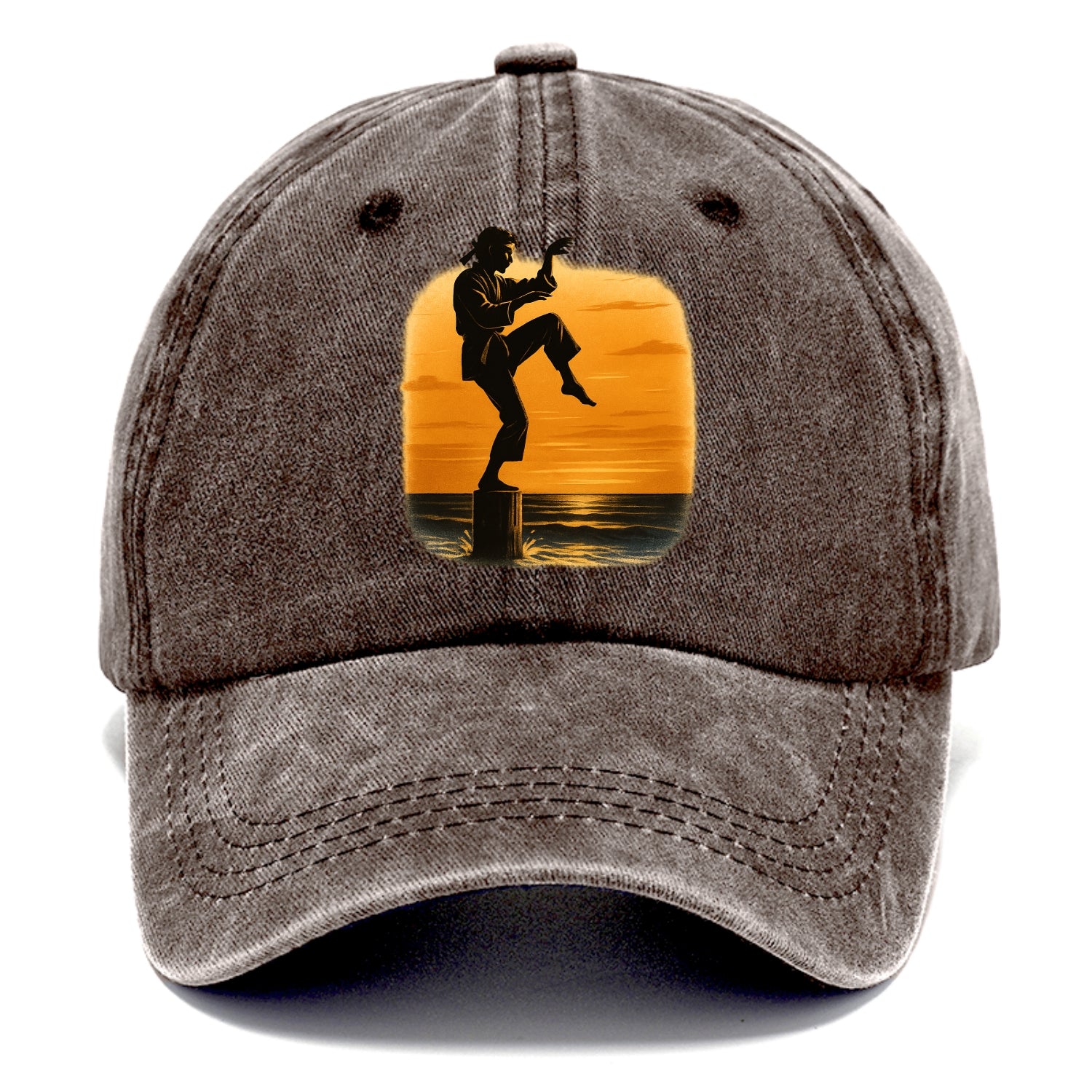 karate crane kick pose on wooden post at beach sunset - Classic Cap - Brown