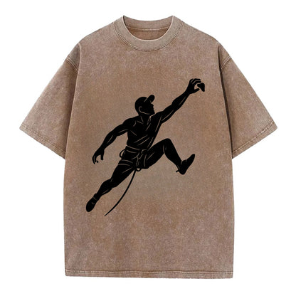 Rock wall climber reaching hold - Vintage T-shirt - Brown
