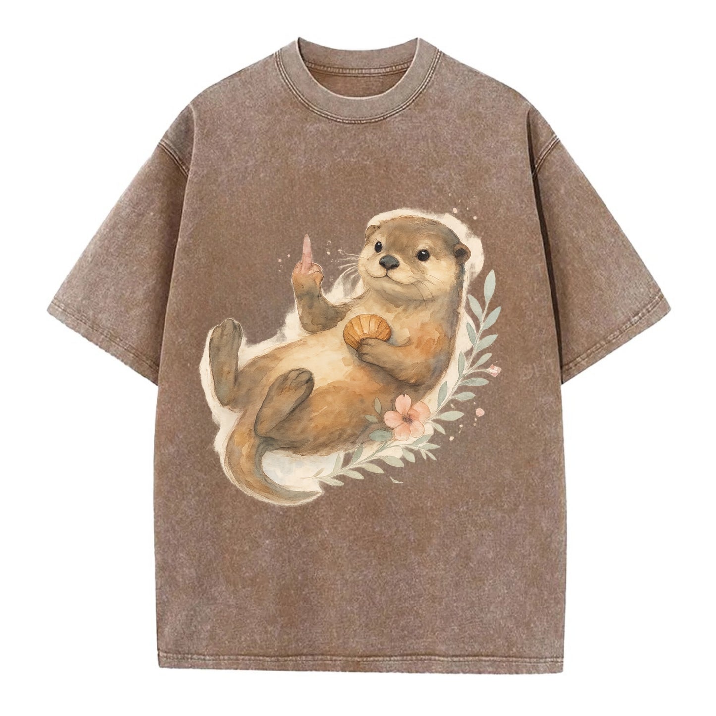 adorable otter floating on back, middle finger up while holding a shellfish - Vintage T-shirt - Brown