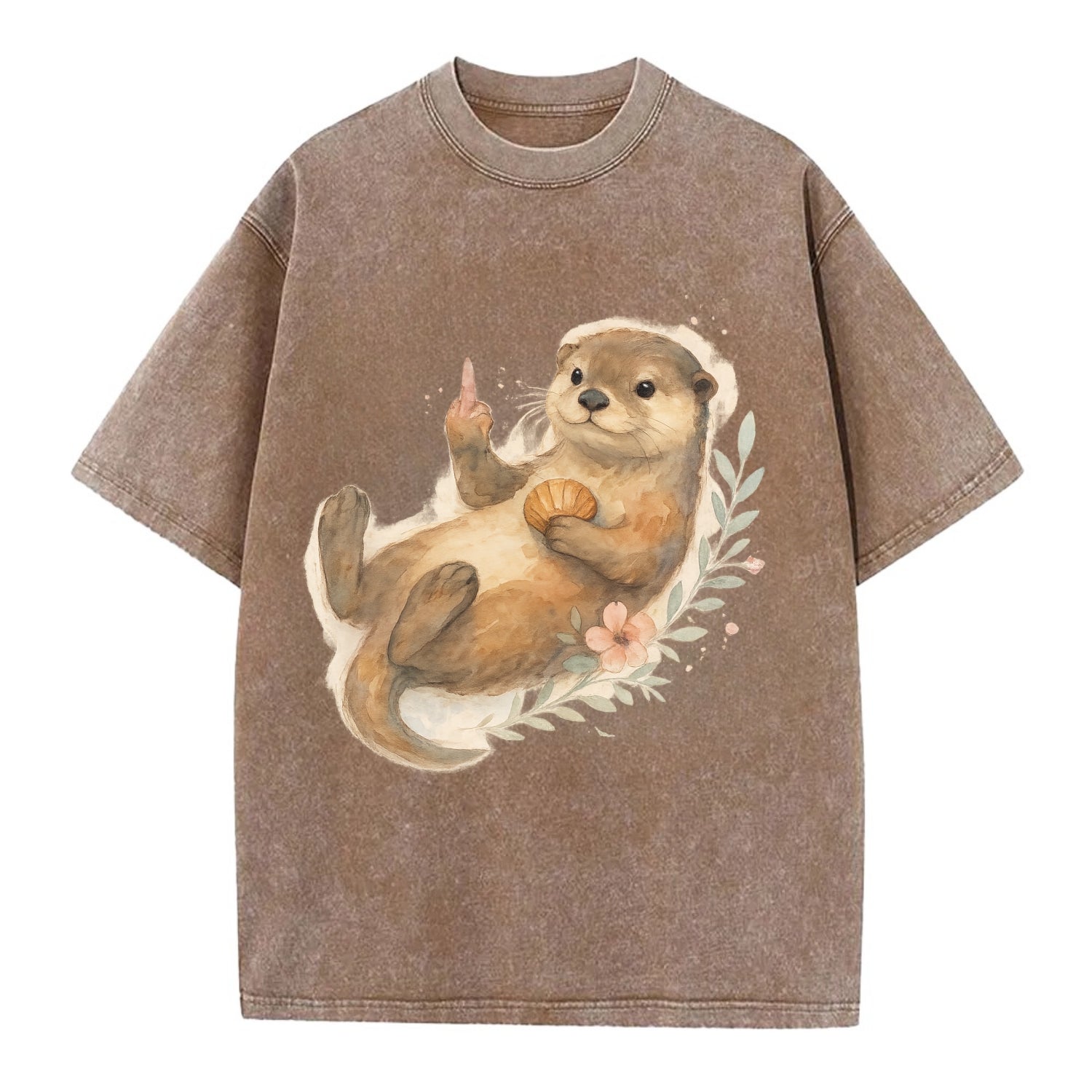 adorable otter floating on back, middle finger up while holding a shellfish - Vintage T-shirt - Brown