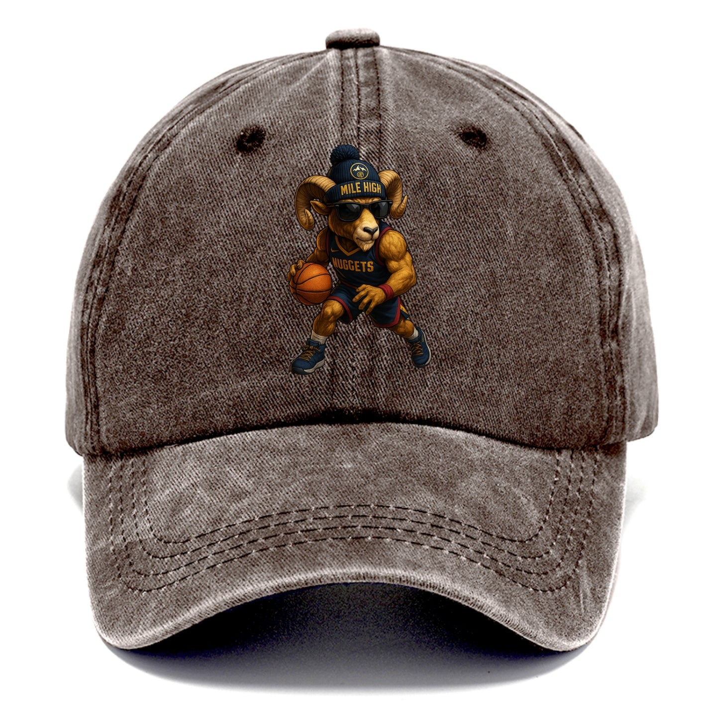 Mile High Bighorn wearing Nuggets beanie with mountain patch and wayfarer sunglasses - Classic Cap - Brown