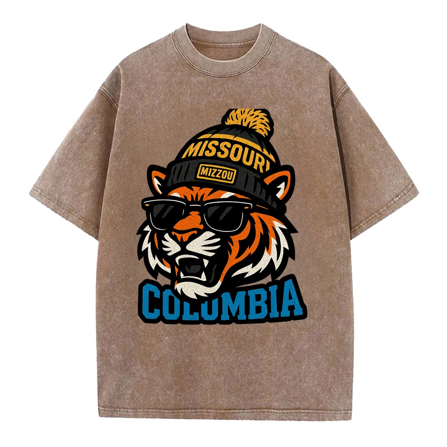 Columbia Tiger wearing Missouri beanie with Mizzou patch - Vintage T-shirt - Brown
