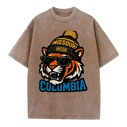 Columbia Tiger wearing Missouri beanie with Mizzou patch - Vintage T-shirt - Brown