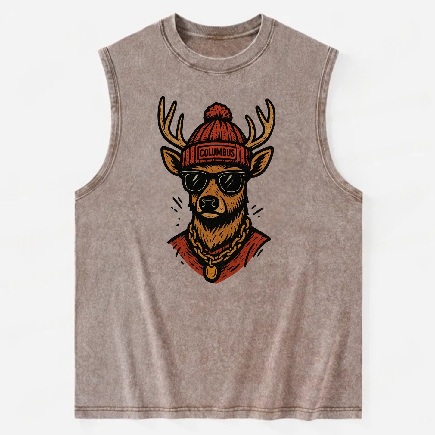 Columbus White-tailed Deer wearing Columbus beanie with pom pom and wayfarer - Vintage Washed Tank - Brown